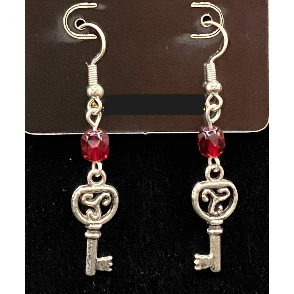 Handmade Key & Red Faceted Glass Bead Silver Tone Earrings by Neanie-Bot